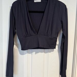 Wasabi + Mint Dark Blue Long Sleeve V neck Crop Top